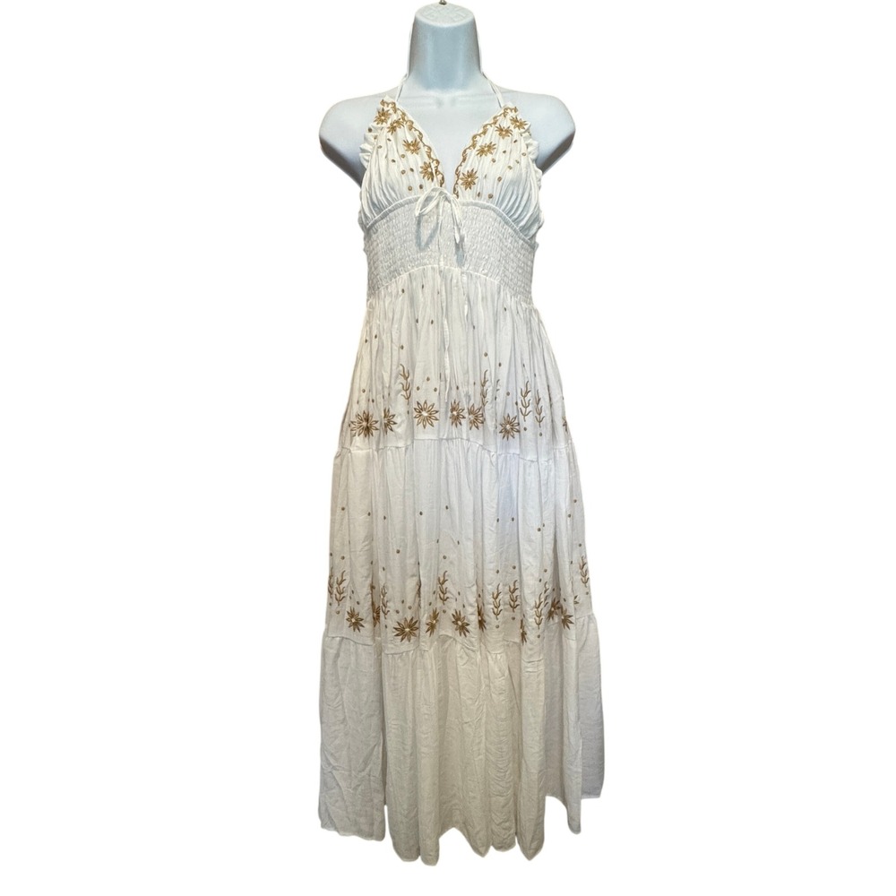 NWT Embroidered Smocked Tiered Boho Halter Maxi Dress L Real Love Fairycore Gold